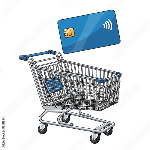 Vector illustration of a shopping cart with a blue credit card above it, representing online shopping and e-commerce, viewed from the side.