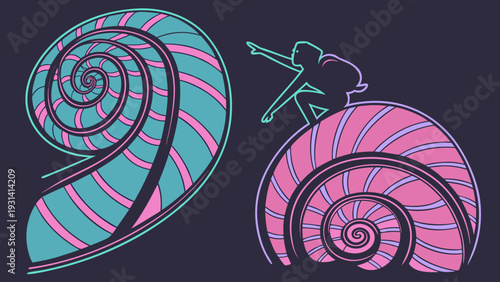 Abstract spiral shells with a person climbing on one.