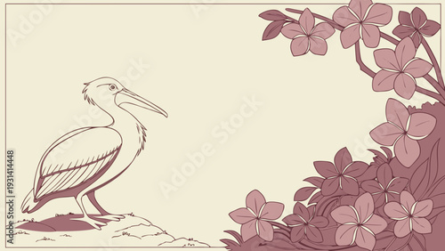 Pelican with fish in beak surrounded by blooming flowers.