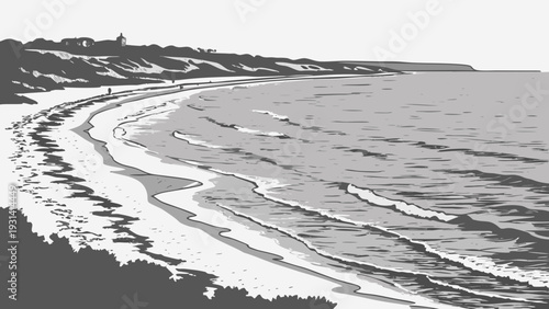 Panoramic view of a serene beach with gentle waves and a distant coastline under a clear sky.