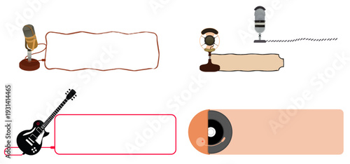 Microphone and music machine collection. Microphone, sound, concert, podcast music player. Vector set