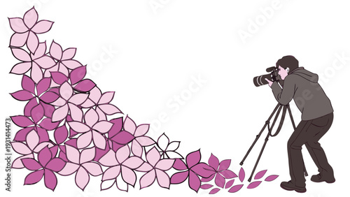 Photographer capturing cherry blossoms with a camera on a tripod.