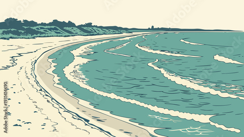 Serene Coastal Landscape with Gentle Waves and Sandy Beach 2.