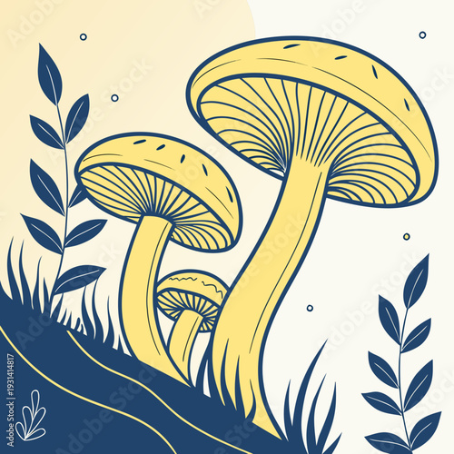 Stylized illustration of yellow mushrooms in a whimsical forest setting.