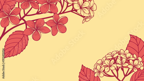 Vibrant Plumeria Flowers and Leaves on a Soft Yellow Background.