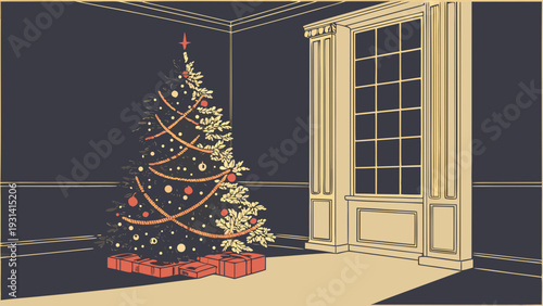 Christmas tree in a room with a large window.