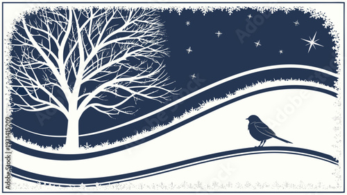 Winter night scene with a lone bird and bare tree under a starry sky.