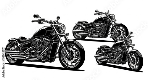 Three detailed illustrations of powerful custom motorcycles.