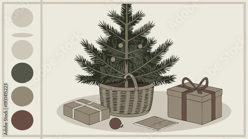 Christmas tree with gifts and decorations in a basket.