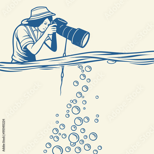 Woman photographer capturing underwater bubbles with a telephoto lens.
