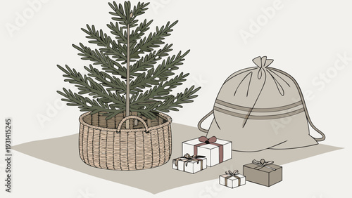 Christmas tree with gifts and sack on a light background.