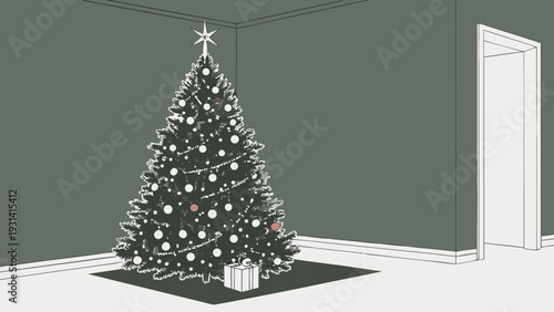 Christmas tree with star and decorations in a room with a door.