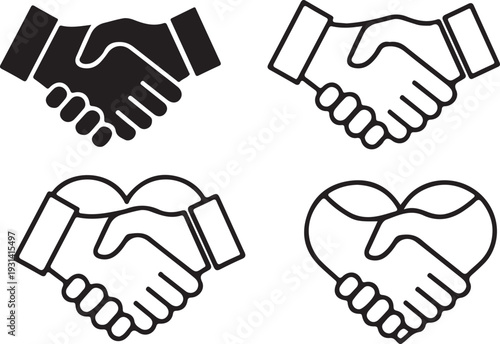  Handshake icon collection for business agreement and partnership concepts. Friendly shaking hands symbols in line and flat styles, professional logo vector set eps