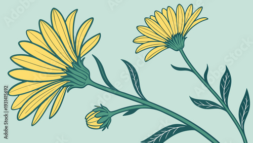 Elegant HandDrawn Yellow Daisy Flowers with Green Stems.
