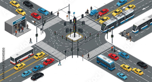 Isometric City Traffic Intersection Scene.