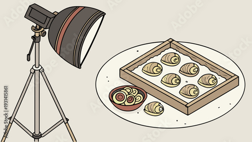 Food photography setup with studio light and a plate of delicious pastries.
