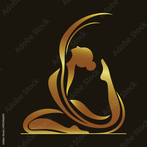 Yoga silhouette. Golden fitness. Wellness art. Zen meditation. Luxury spa. Botanical lines. Health logo. Elegant pose. Metallic vector. Mindfulness art.