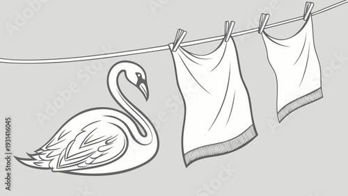 Graceful Swan and Laundry Line in a Serene Outdoor Setting.