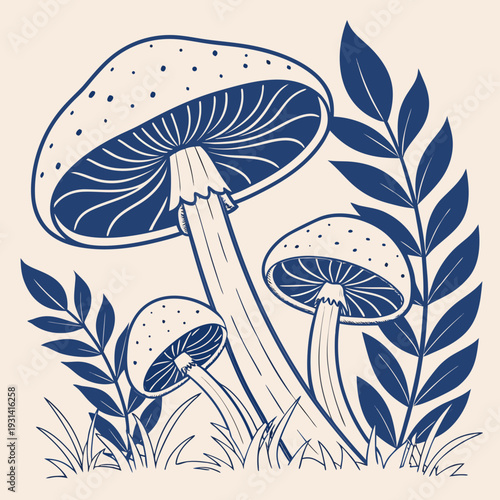 Mushroom and foliage illustration in blue and white.