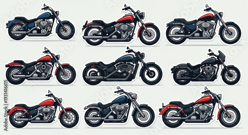 Collection of Nine Different Motorcycles Displayed Side by Side.