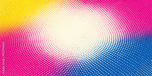 An artistic digital wallpaper featuring a colorful rainbow halftone pattern with circular dots and light wave elements on a blue and yellow textured vector backdrop design