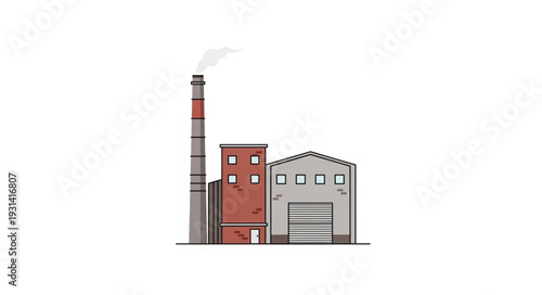 Industrial Factory Building with Tall Chimney Emitting Smoke.