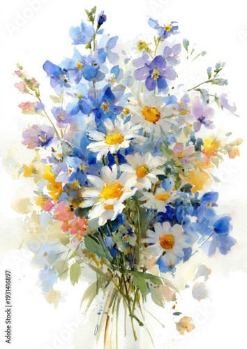 Watercolor wildflower bouquet with blue delphinium and white daisies on white background