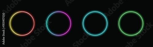 Gradient Neon Circle Frames Set – Glowing Colorful Borders on Dark Background, Bright Night Banner Vector Light Effect.