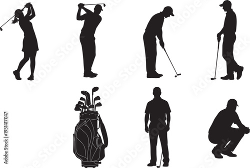 Black silhouettes of golfers in various poses and actions with golf clubs and bag, depicting swings, putting, standing, and analyzing green for sports illustration.