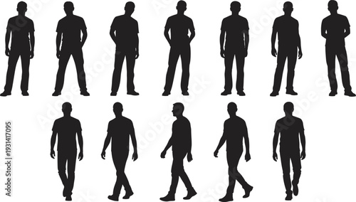 Black silhouettes of human figures in standing and walking poses, illustrating posture, motion, movement stages, and ergonomic design concepts for animation or study purposes.