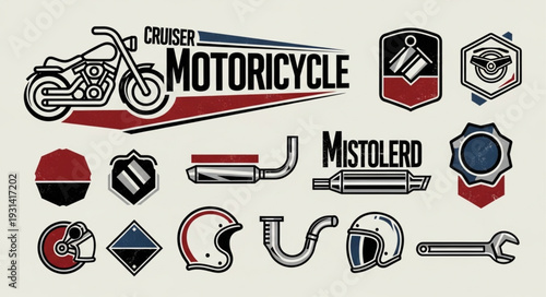 Motorcycle Parts and Emblems Collection Vintage Style.