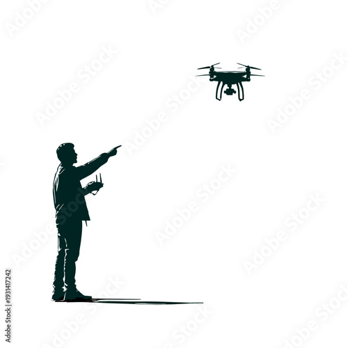 Man operating a drone in the sky, pointing towards the flying device, silhouette.