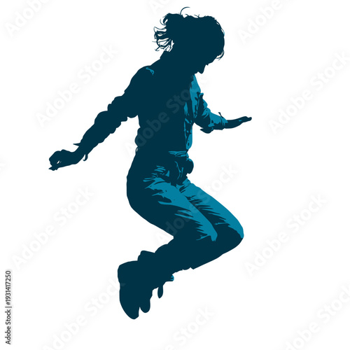 Silhouette of a woman jumping in the air against a white background.
