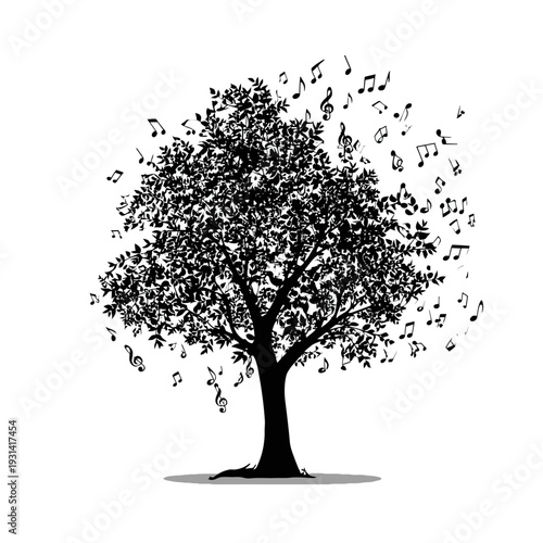 Silhouette of a tree with musical notes blowing in the wind on white background.