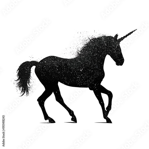 Silhouette of a majestic unicorn running with a starry effect isolated on white.