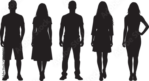 Black silhouette illustration of five anonymous human figures standing side by side, symbolizing diversity, gender representation, unity, minimalism, and stylized artistic concept in modern design.