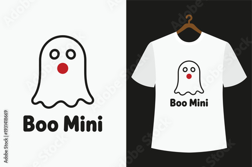 White t shirt with black ghost and boo mini text on black background ghost red dot black outline white t-shirt