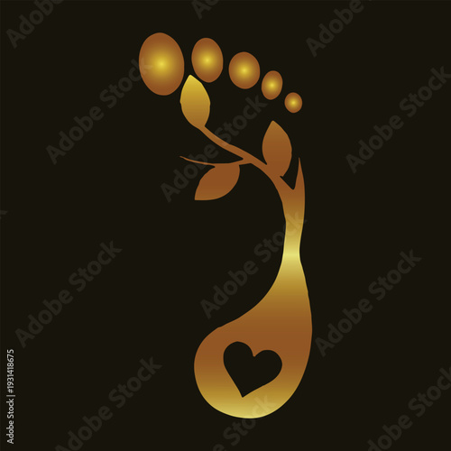 Golden footprint. Nature heart. Eco friendly art. Botanical vector. Luxury wellness. Metallic leaves. Organic symbol. Heart silhouette. Green lifestyle. Elegant foot art.