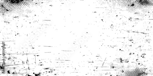 Abstract vector grunge background featuring halftone patterns with black ink splatters, paint drips, and watercolor brush strokes on a dirty old paper texture