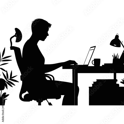 Freelancer Working on Laptop at Home Office – Remote Work Silhouette Vector Illustration