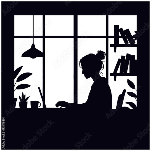 Freelancer Working on Laptop at Home Office – Remote Work Silhouette Vector Illustration