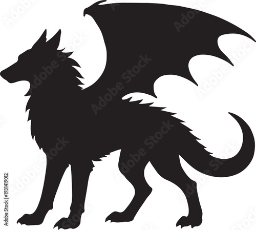 Black Silhouette of a Winged Mythical Wolf Dragon Hybrid Creature on White Background