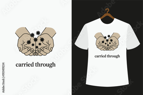 White t shirt with brown bear holding flowers and text carried through t shirt white t-shirt