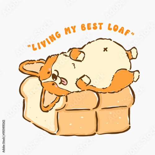 Cute kawaii corgi belly up on loaf bread whimsical hand drawn cartoon doodle