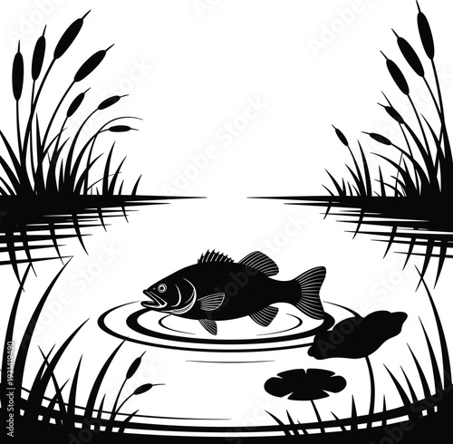Black and white of a fish in a pond with reeds and lily pads water