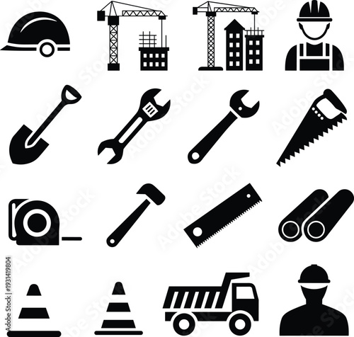 Black and white of construction tools, vehicles, and workers shovel