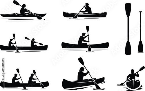 Black and white of people kayaking and canoeing in various positions paddling