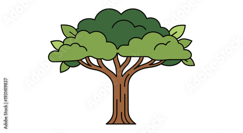 A cartoon-style illustration of a tree with a brown trunk and vibrant green foliage against a clean white background.