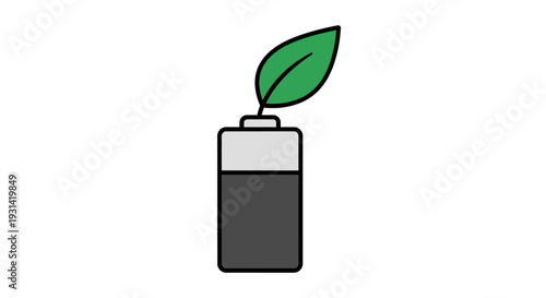 Simple icon of a battery with a green leaf on top, symbolizing eco-friendly energy, on a clean white background.