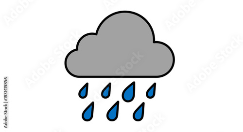 A gray cloud with blue raindrops falling from it on a white background in a simple graphic style.